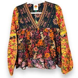 FARM Rio NWT Vibrant Flowers Garden Lace Trim V-Neck Bold Long Sleeve Blouse XS